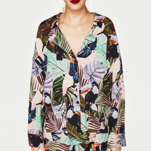 ZARA Tropical Birds Toucan Cockatoo Collared Shirt Blouse - Picture 2 of 16
